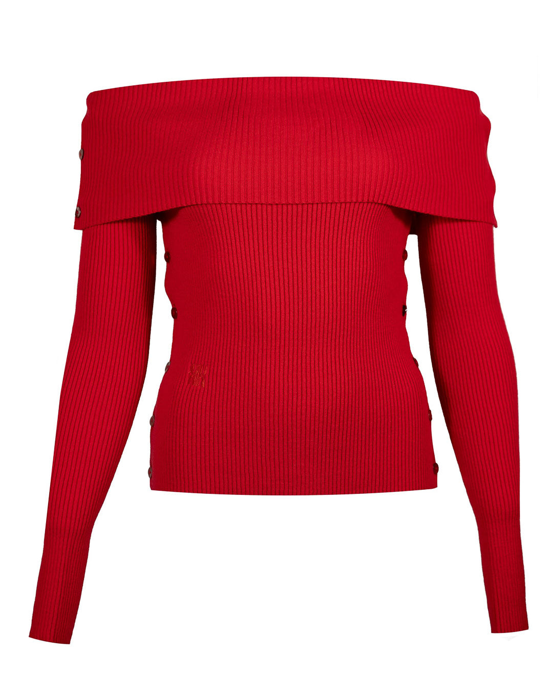 Roter Merinopullover Céphée mit langen Ärmeln, Bardot-Ausschnitt und feinem Rippstrick – elegantes, vielseitiges Design aus Merinowolle.