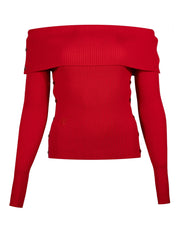 Roter Merinopullover Céphée mit langen Ärmeln, Bardot-Ausschnitt und feinem Rippstrick – elegantes, vielseitiges Design aus Merinowolle.