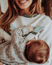 Still-Sweatshirt Chloé im Detail – Nahaufnahme des Mao-Kragens und der strukturierten Schultern. Elegantes Design mit praktischer Stillöffnung.