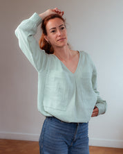 Stillbluse Tiphaine in Aqua-Grün – bequeme und elegante Stillmode aus Bio-Baumwolle für moderne Mütter.