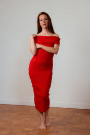 Rotes Merinokleid Céphée mit Bardot-Ausschnitt – eleganter, figurbetonter Schnitt, nachhaltig, französisches Design