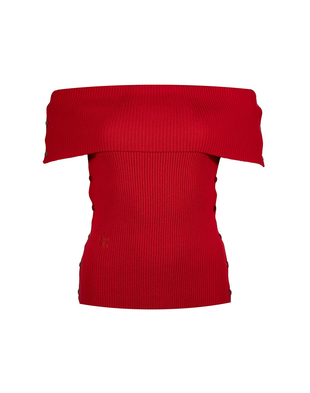 Roter ärmelloser Merinopullover Céphée mit Bardot-Ausschnitt und feiner Rippstruktur – stilvoller, wandelbarer Look für jede Saison.